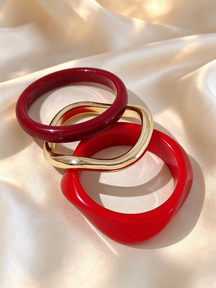 3件組時尚復古粗款多色不對稱壓克力手鐲套組，適合女性日常配戴，送給朋友與家人的禮物 - 彩色 - 查看 1