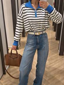 Women's New Autumn/Winter Polo Collar Contrast Color Knit Sweater, Casual Daily, College Style, Commuting - White and Black - View 5