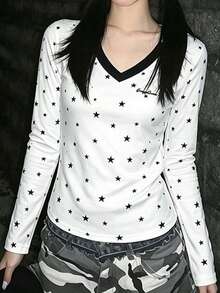 Women's Collegiate Style Star Print Long Sleeve V-Neck T-Shirt, Regular Fit Pure Cotton High Elasticity Top - White - View 3