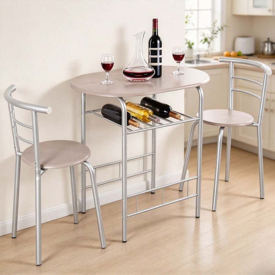 1 Pieza Juego de Comedor de 3 Piezas, Mesa Ovalada con 2 Sillas y Estante de Almacenamiento, Marco de Metal Plateado y MDF, Diseño Compacto para Comedor, Bar, Desayuno, Cocina y Apartamento - Rosa Oxidada - Ver 1