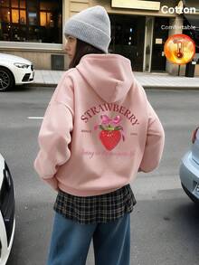 Dam hoodie i fleece med jordbärmönster och textdekor, höst/vinter, Y2K-stil - Sandröd - Visa 1