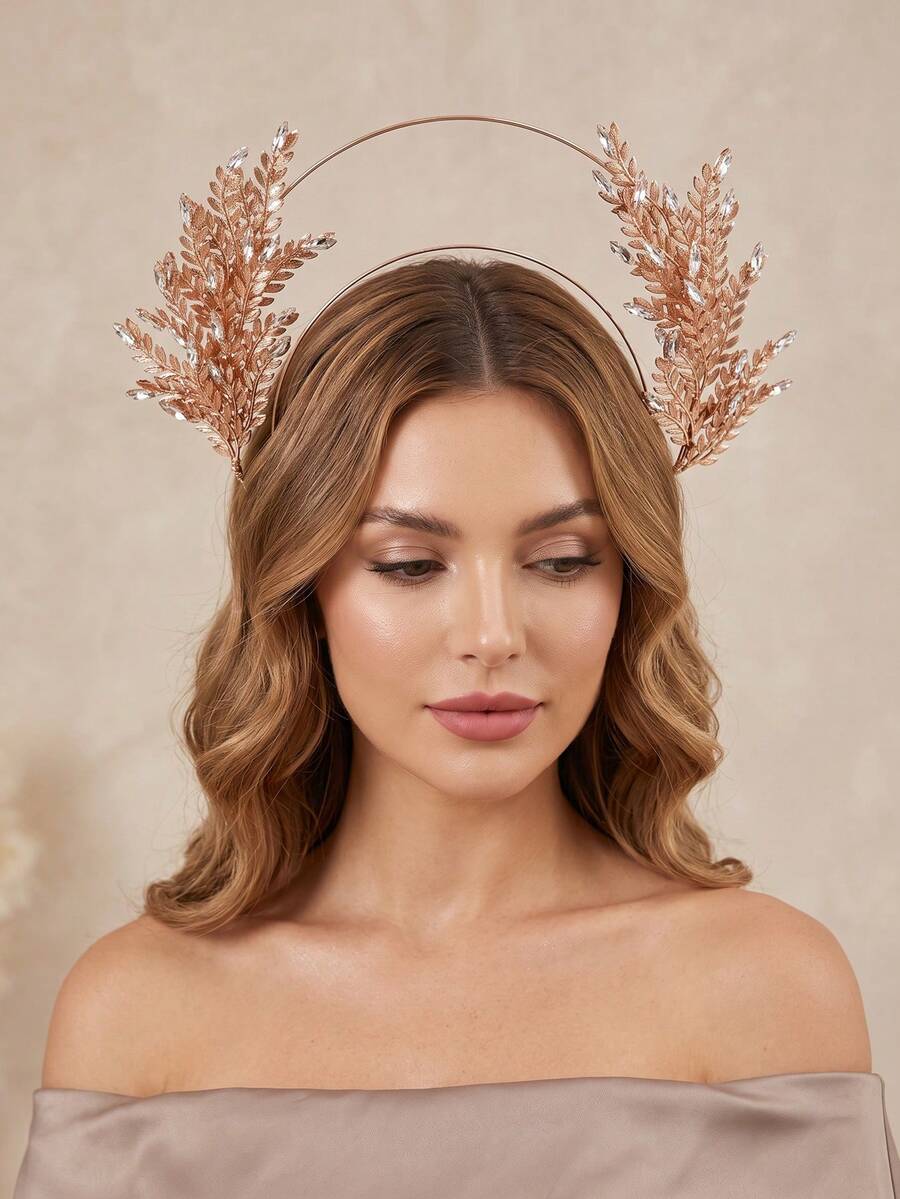 1pc Rhinestone Leaf Halo Crown Golden Goddess Headband Bridal Wedding Prom Hair Accessory