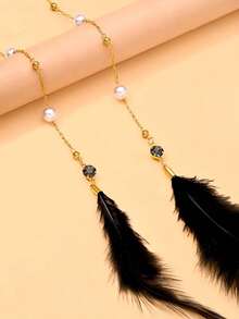 1pc Vintage Bohemian Pearl Face Chain With Black Feather Tassel, Facial Chain Accessory For Evening Party Cosplay Exotic Style - Rhinestones - View 7