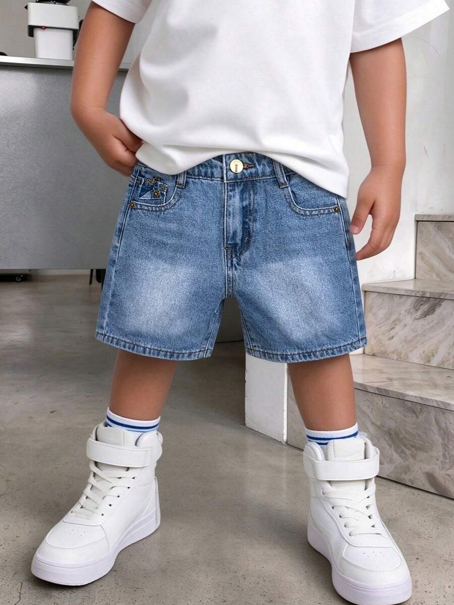 Pantalones cortos vaqueros desgastados de niño pequeño con cintura elástica ajustable y bordados en color claro lavado vintage