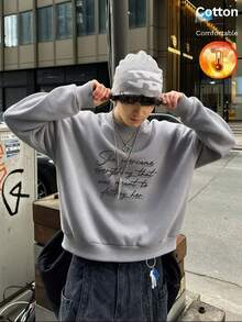 Autumn Winter Men's Fleece-Lined Crewneck Sweatshirt With English Letter Print Y2K - Heather Gray - View 10
