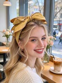 1PC Large Double-Layer Bow Headband, Contrast Color Trim Satin Fabric Hairband, Elegant Daily Party Women's Hair Accessory - Multicolor - View 3