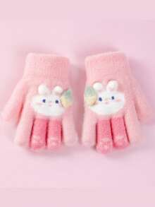 1Pair Kids Gloves, Warm Thermal Lined Cute Rabbit Design Finger Gloves For Boys And Girls, Suitable For Outdoor Play, Fits Ages 1-5 - Rabbit Five-finger - View 2