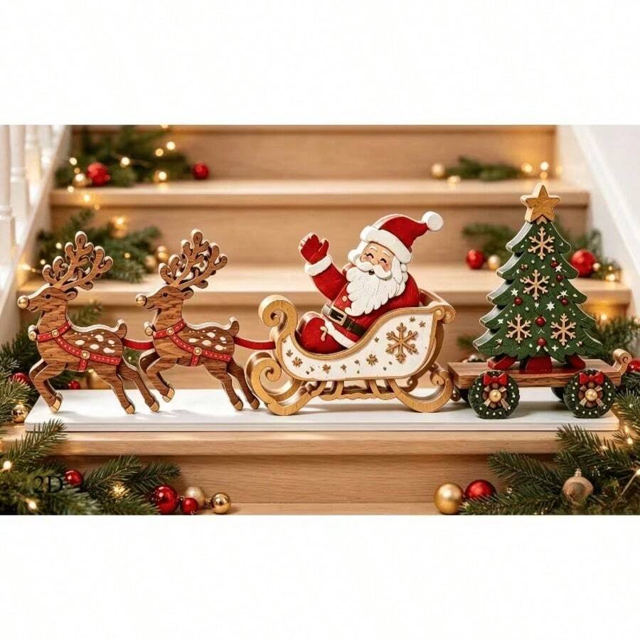 1pc Wooden Christmas Desktop Decoration, Santa Sleigh With Reindeer And Christmas Tree, Rustic Holiday Village Scene Figurine, Farmhouse Mantel Decor, Christmas Home Gift - A - View 1