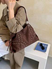 1pc Maillard Brown Suede Rivet Soft Bag, Round Ring Connection Design, 3D Rivet Arrangement, Soft Slouchy Oversized Bag Shape, Vintage American Style, Large Capacity For Daily Use, Personalized Handheld Crossbody Women's Bag - Coffee - View 6