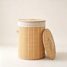 1pc Large Bamboo Woven Foldable Laundry Basket With Lid - Multicolor - View 4