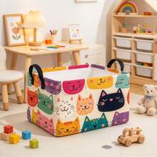 1PC Collapsible Fabric Storage Bin With Colorful Cartoon Cat Faces Print, Multifunctional Organizer For Clothes, Sundries And Toys, Home Decor, Room Decor, Bedroom Decor - Multicolor - View 1