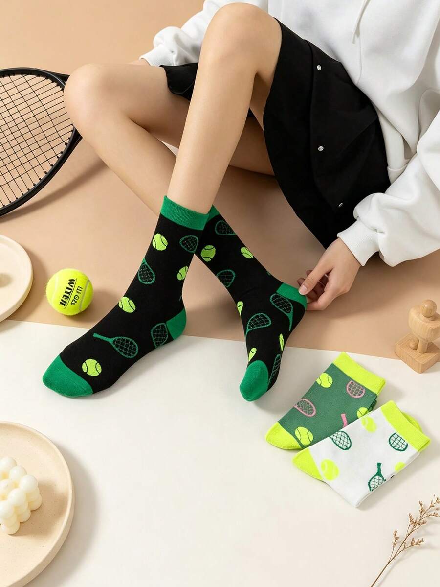3 Pairs Sports Style Women's Mid-Calf Socks, Tennis Racket All-Over Print Contrast Color Socks, Versatile Women's Student Socks - Multicolor - View 1