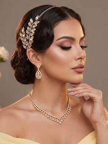 1 Pc Silver Leaf Rhinestone Headband Handmade Wedding Headpiece Sparkly Crystal Hair Hoop For Bride Wedding Evening Party Prom Photoshoot - Multicolor - View 2