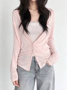 Solid Color Romantic Single-Breasted Thin Cardigan - Pink - View 5