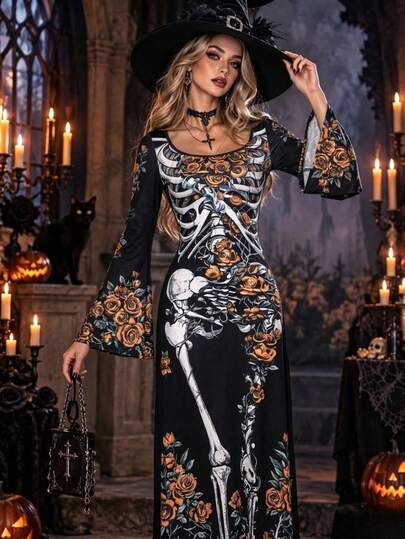 Gothic Skull Rose Long Dress, Bell Sleeve Lace Trim Knit Dress, Witch Style Halloween Costume