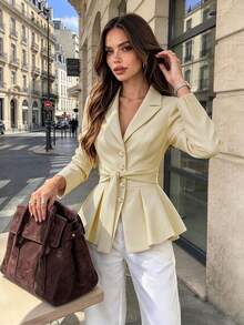 Elegant Women's Cream-Colored Blazer, Woven Fabric, Tie Waist, Ruffle Hem, Exuding Sophisticated Autumn Charm - Apricot - View 8