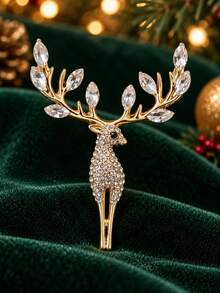 1pc Christmas Reindeer Rhinestone Brooch, Gold/Silver Color Optional, Exquisite Sparkling Rhinestone Deer Horn Design Women's Pin, Suitable For Coats, Suits, Sweaters, Scarves And Bags Decoration, Perfect For Daily Commute, Christmas Party, Winter Outfit And Holiday Gift - Multicolor - View 6