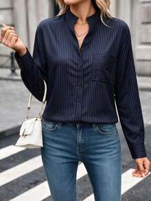Women's Autumn Striped Front Button Pocket Casual Shirt - Navy Blue - View 2