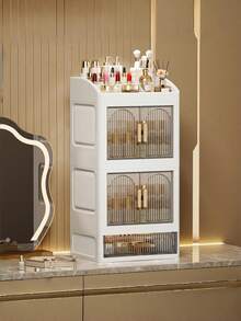 Large Capacity Skincare Storage Cabinet With Drawers And Dust-Proof Design, Countertop Cosmetic Organizer For Lipstick, Perfume, Lotion, Bathroom Vanity Storage Solution, Space-Saving Luxury Transparent Striped Door Makeup Storage Box - Multicolor - View 8