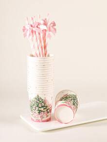 120PCS Christmas Disposable Paper Tableware Set, Includes 7-Inch And 9-Inch Plates, Cups, Napkins And Straws; Featuring Pink And Green Christmas Tree, Gift Box Bow And Decorative Pattern Design, Suitable For Christmas Party, Holiday Dinner, Winter Celebration And Pink-Themed Holiday Table Decor. - Multi-color 1 - View 5