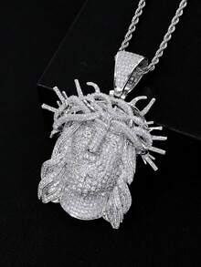 Gold & Silver Dual-Tone Full Rhinestone Crown Jesus Head Pendant Necklace, European & American Hip Hop Twisted Chain Rhinestone Portrait Pendant, Men's Rap Streetwear Accessory, Couple Holiday Gift - Crown Of Thorns Jesus Pendant - View 7
