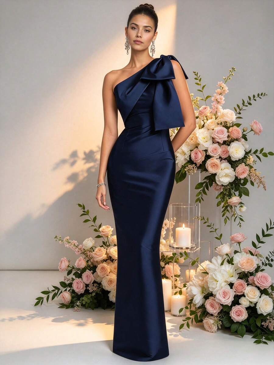 HOMEYEE Women's Navy Blue Fitted Maxi Dress, Elegant Solid Color Party Cocktail Formal Gown With Bow Tie Detail Spring Wedding Fall