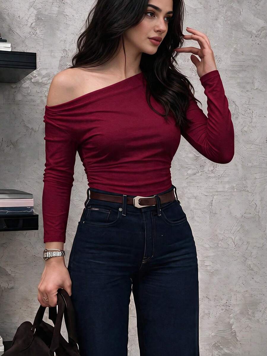 Unadoll Women's Asymmetrical Shoulder Long Sleeve Ruched Cropped Top, Fitted Basic T-Shirt, Suitable For Back To School, Daily Wear And Outings - Burgundy - View 1