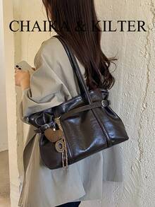 1pc PU Fabric Shoulder Tote Bag With Buckle, Suitable For Commuting, Shopping, Etc. (With Pendant) - Coffee - View 6