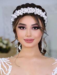 1PC Elegant Pearl Flower Bridal Hairband Handmade Beaded Women's Wedding Headband Suitable For Holiday Party Celebration Event Hair Accessories - Silver - View 2