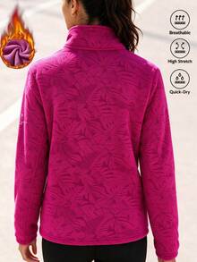 Autumn Fashion Women's Outdoor Fleece Jacket, Maple Leaf Pattern, Thick Zipper Pocket Design, Fleece Jacket Autumn Outfit - Hot Pink - View 2