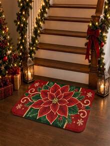 1pc Christmas Poinsettia Pattern Bathroom Mat, Machine Washable Indoor/Outdoor Decorative Carpet, Christmas Theme Velvet Doormat Suitable For Entryway, Bathroom, Door, Living Room And Christmas Home Decor - A - View 2