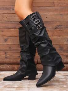 Women's Black Knee-High Boots With Detachable Buckle, Vintage Western Style, Autumn/Winter New Versatile Slimming Tall Boots With Ruched Stacked Shaft - Black - View 3