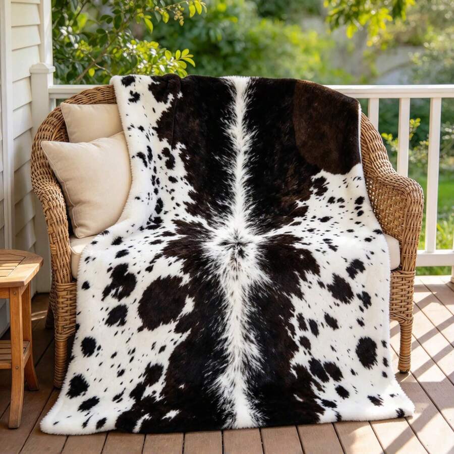 1PC Black White Faux Cowhide Flannel Throw Blanket, Western Style Blanket For Sofa Bedroom Home Decor - Multicolor - View 1