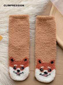 CLIMPRESSION Women's Plush Mid-Calf Socks, Cute Bear Toe Pattern Coral Fleece Socks, Soft Warm Fluffy Winter Home Sleep Floor Socks - Green - View 17
