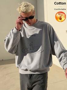 Men's Thermal Lined Crew Neck Sweatshirt With Concentric Circle Letter Print, Y2K Style, Autumn/Winter - Heather Gray - View 4