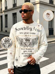 BLACKTOEXIT High Street Style Men's Distressed Knit Sweater, Vintage Gothic Letter & Wing Graphic, Loose Fit Drop Shoulder Autumn/Winter Pullover - Apricot - View 2
