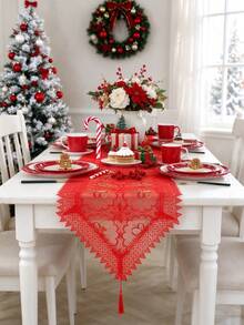 1pc 100% Polyester Beige & Red French Country Style Christmas Table Runner, Organza Fabric With Gold Bell & Floral Embroidery, Crocheted Lace Edge With Tassels, Christmas Party Holiday Table Decor - Red - View 1