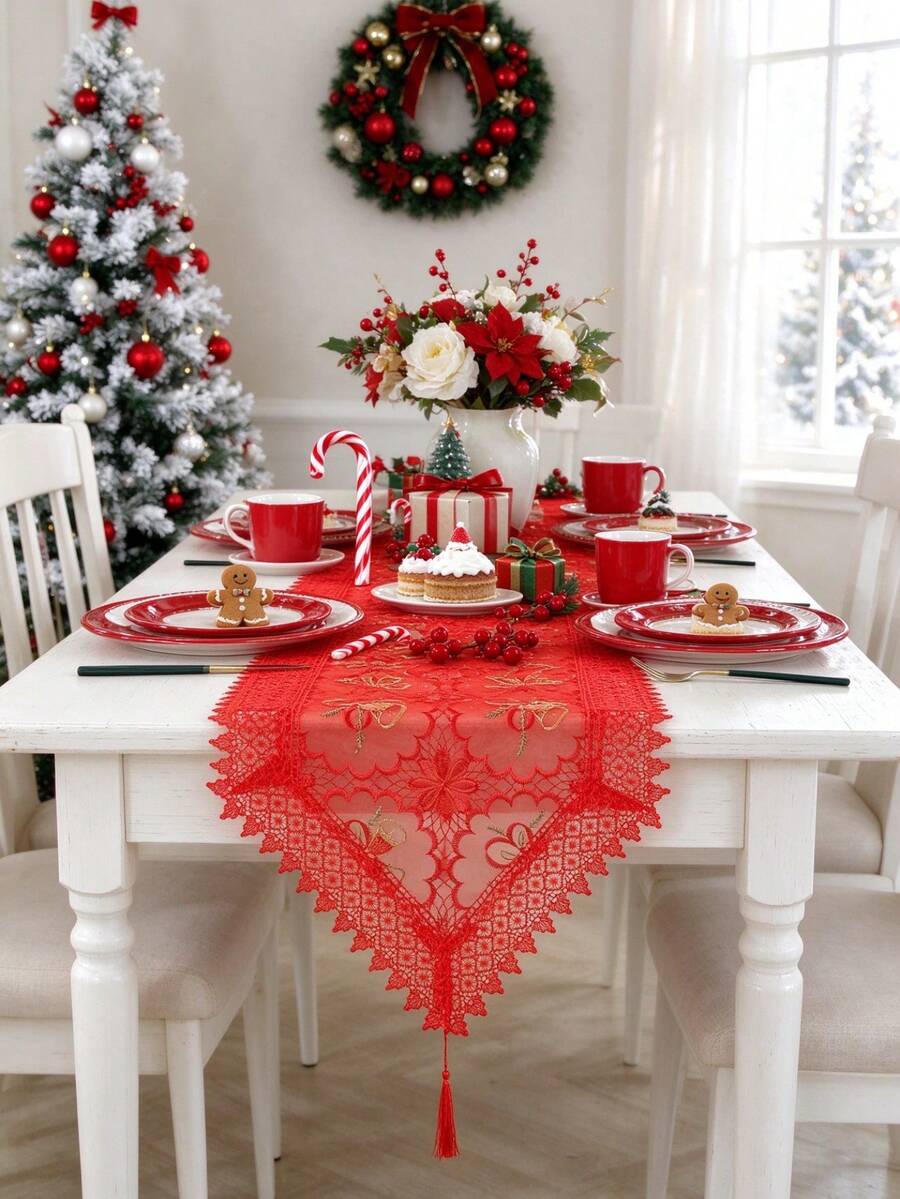1pc 100% Polyester Beige & Red French Country Style Christmas Table Runner, Organza Fabric With Gold Bell & Floral Embroidery, Crocheted Lace Edge With Tassels, Christmas Party Holiday Table Decor - Red - View 1