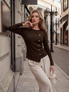 DONICY Women's Elegant Fall Asymmetrical Button Knit Top, Ribbed Stretch Long Sleeve Irregular Hem Fitted Blouse - Coffee Brown - View 8