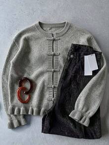 Women's Fashion Versatile Casual Solid Color Button Long Sleeve Daily Cardigan Sweater - Grey - View 6