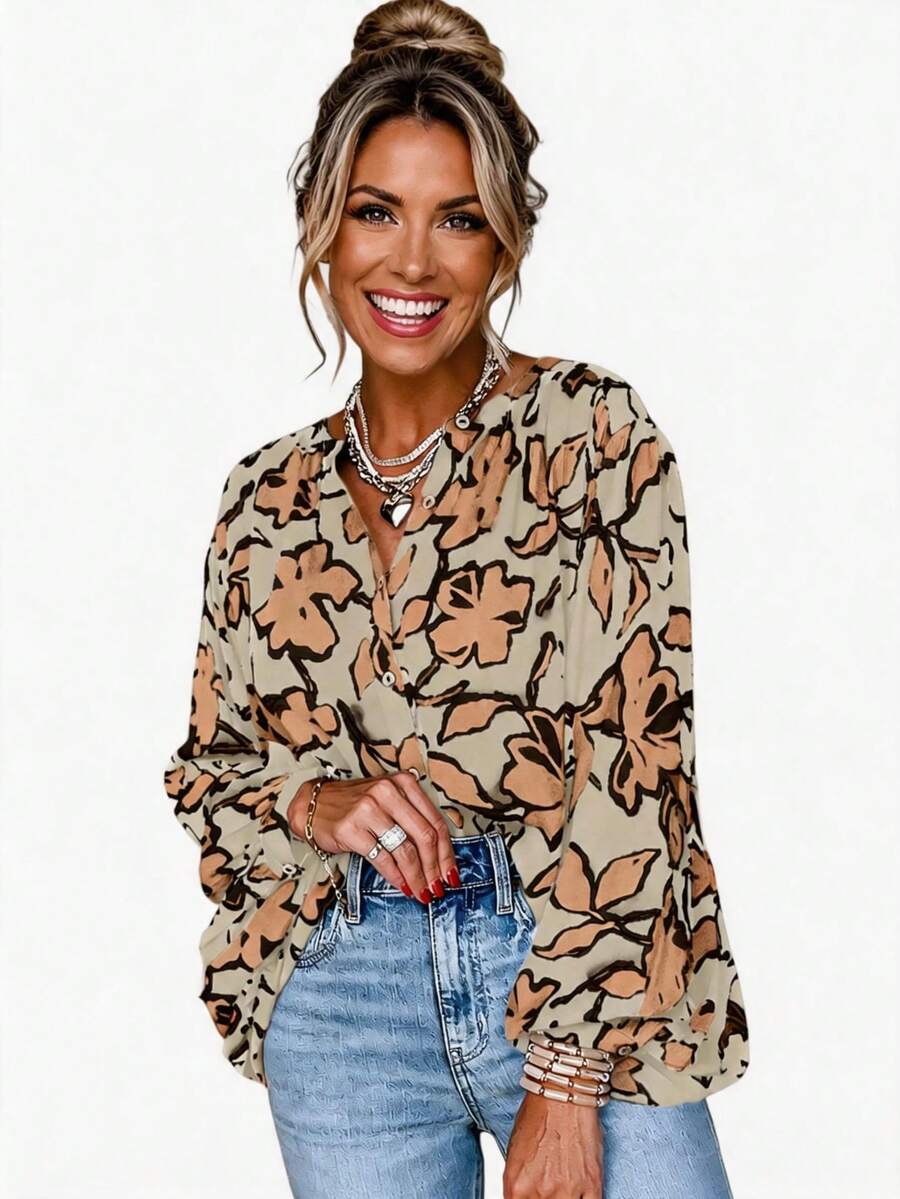 Acelitt Khaki Floral Print Batwing Sleeve Button Up Loose Blouse Vacation - Khaki - View 1
