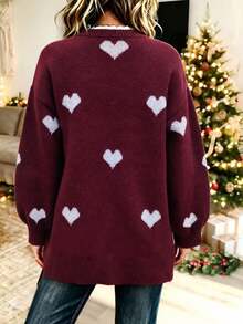 Women's Winter Burgundy Heart Print V-Neck Long Sleeve Pullover Sweater With Drop Shoulder And Slit Hem, Warm Knitted Fall Fashion - Red - View 6