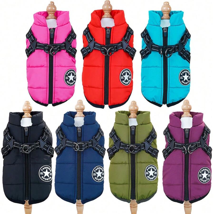 1pc Winter Dog Coat With Adjustable Chest Strap, Zipper, Polyester Filling, Suitable For Small And Medium Dogs - Green - View 1