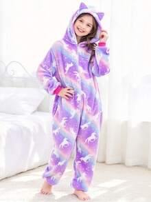 Baju Terusan Kasual Sehari-hari Motif Unicorn Ungu dan Telinga Kucing untuk Anak Perempuan Remaja - MultiWarna - View 3