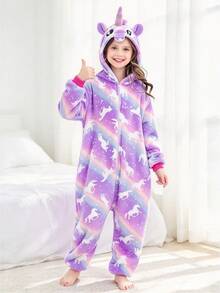 Tween Girl Purple Unicorn All-Over Print Zipper Casual Daily Home One-Piece Long Pants Pajamas - Multicolor - View 8