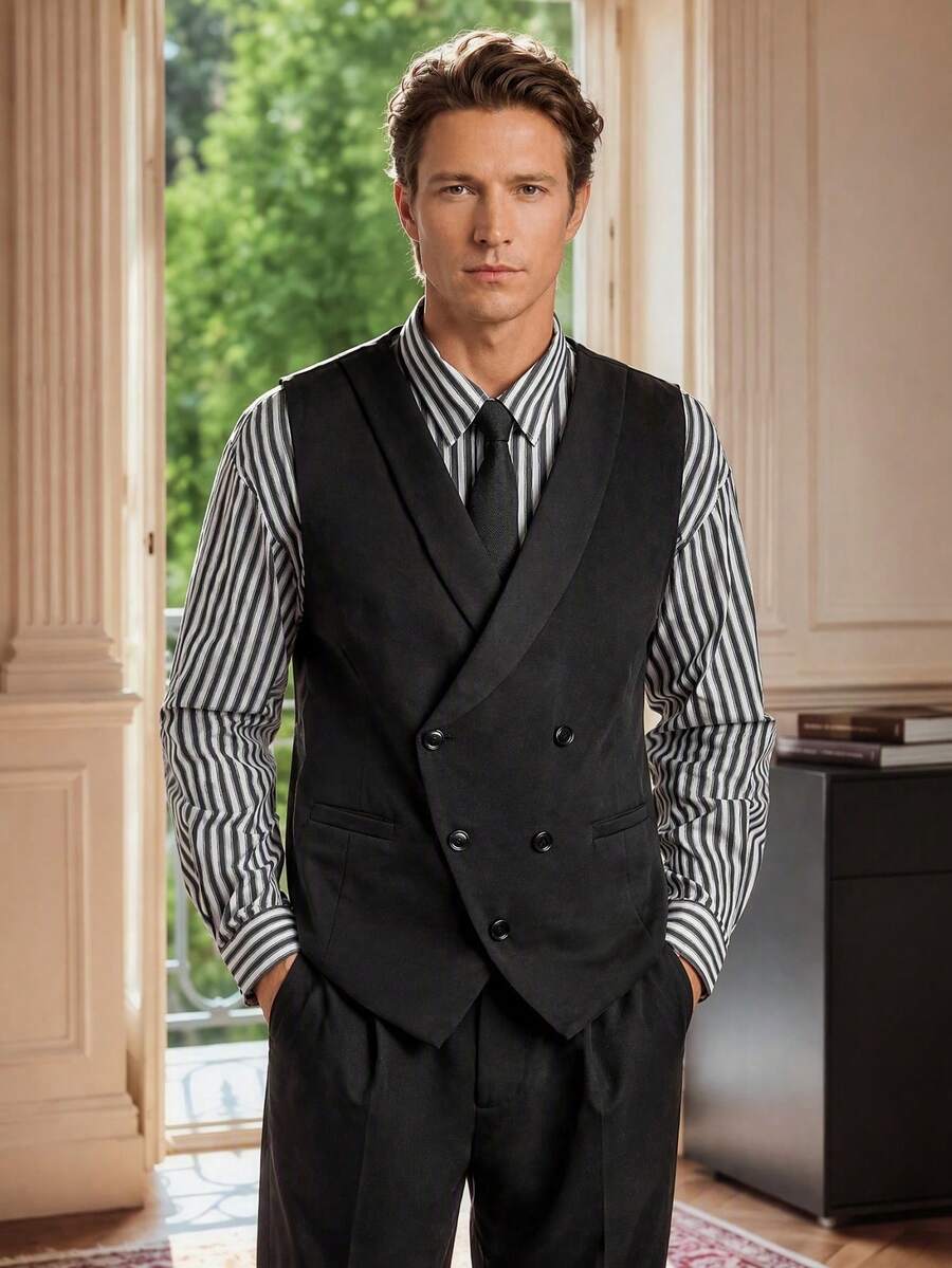 Officeau Men's Black Shawl Collar Double-Breasted Waistcoat, Tuxedos For Wedding/ Dinner/ Groom/ Party - Black - View 1
