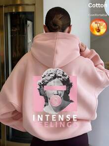 Women's Fleece Hooded Sweatshirt, Back Printed With Portrait And Text INTENSE FEELINGS Y2K, Autumn/Winter - Sand Red - View 2