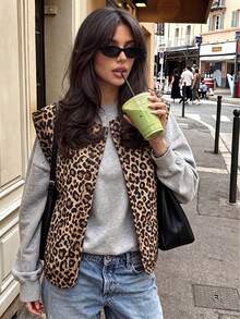 GMFP Women's Autumn/Winter Casual Elegant Fashion Loose Print Patchwork Leopard Print Cardigan Vest - Leopard - View 2