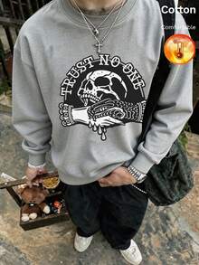 Men's Fleece Crew Neck Sweatshirt With Skull & Text Print, Y2K Style, Autumn/Winter - Heather Gray - View 3