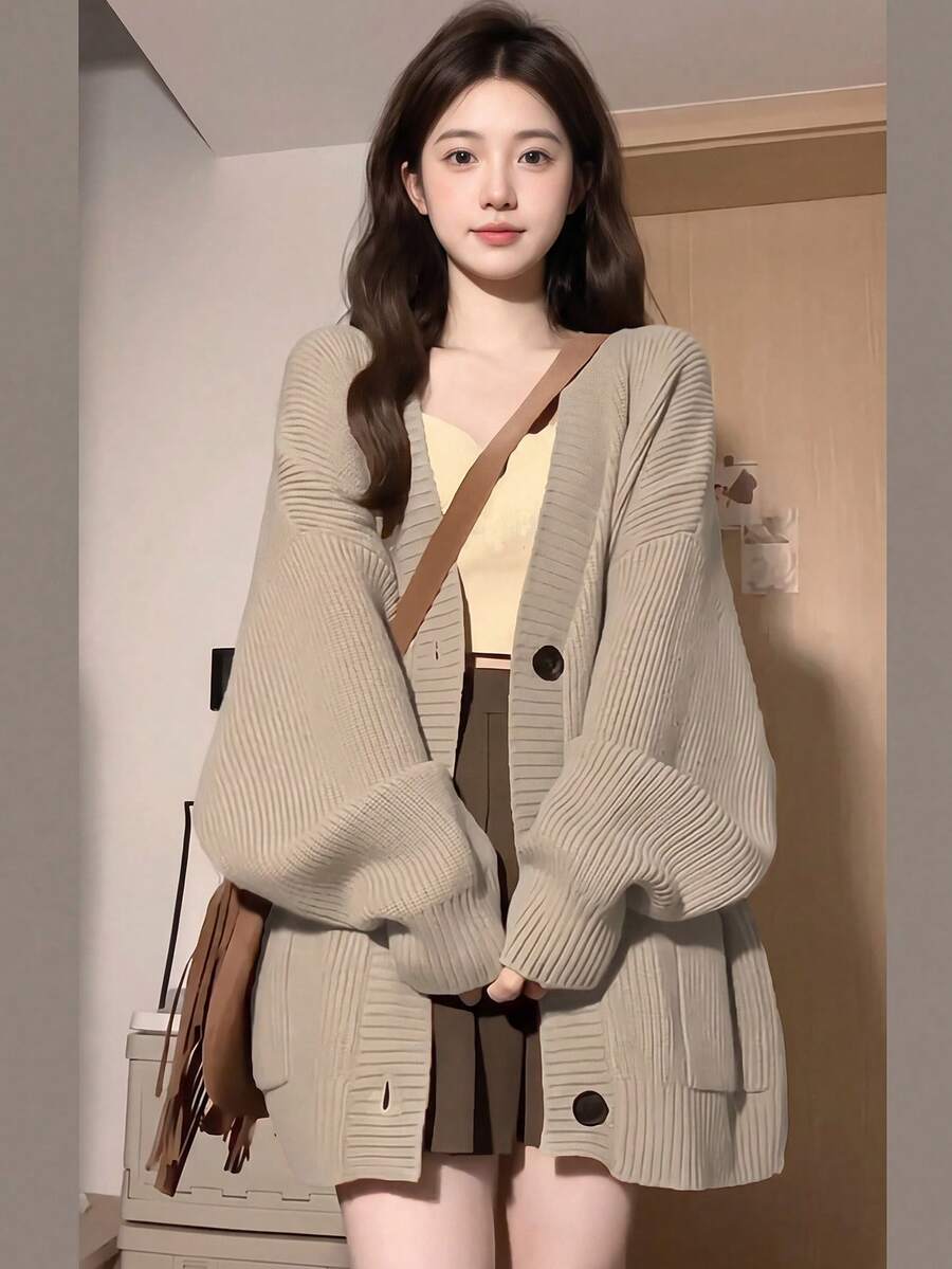 Alicedudu Women Casual Solid Color Button Down Batwing Cardigan, Spring/Autumn,Three Quarter Sleeve Tops - Khaki - View 1